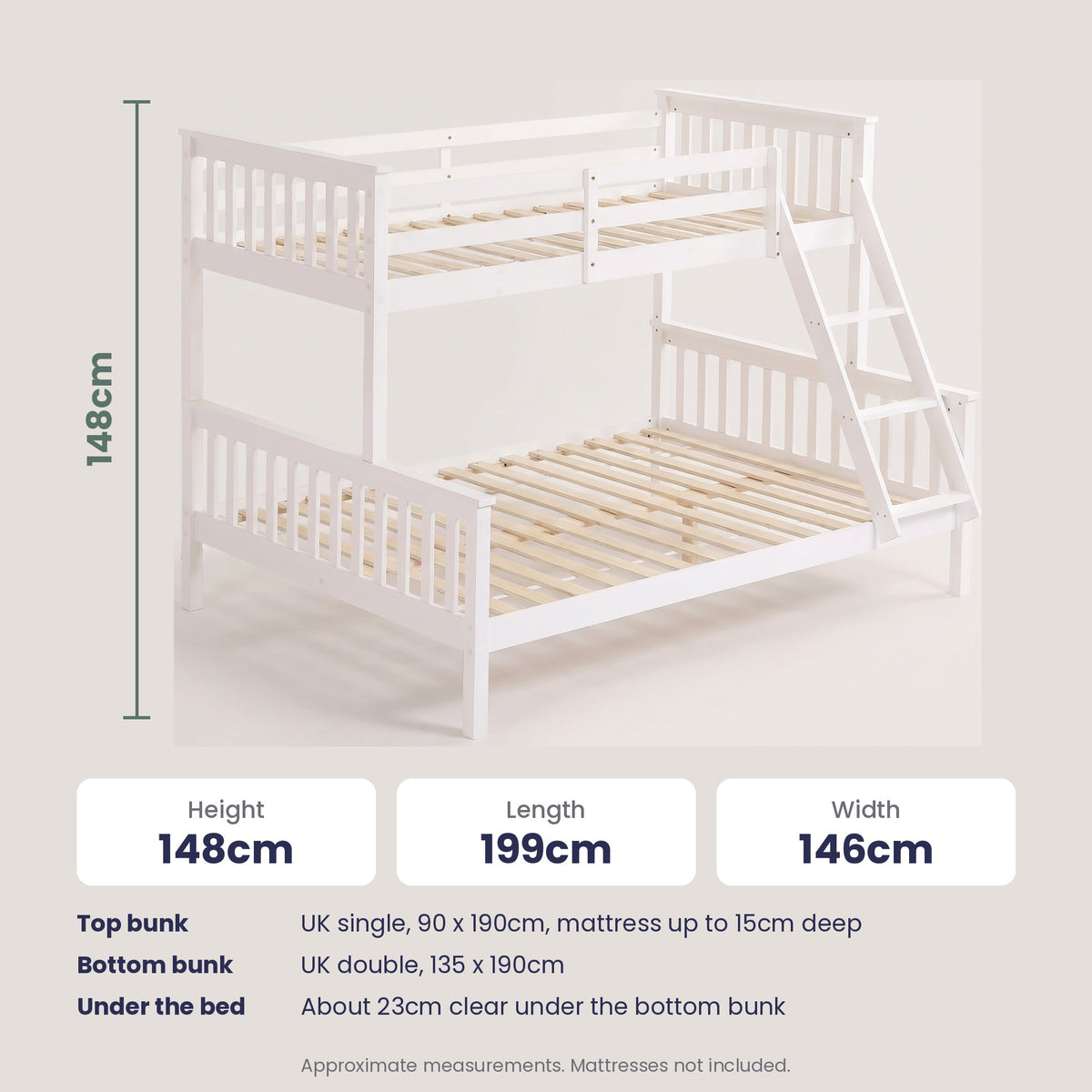 Thornbury triple bunk bed dimensions: 148cm high, 199cm long, 146cm wide, UK single top and UK double bottom