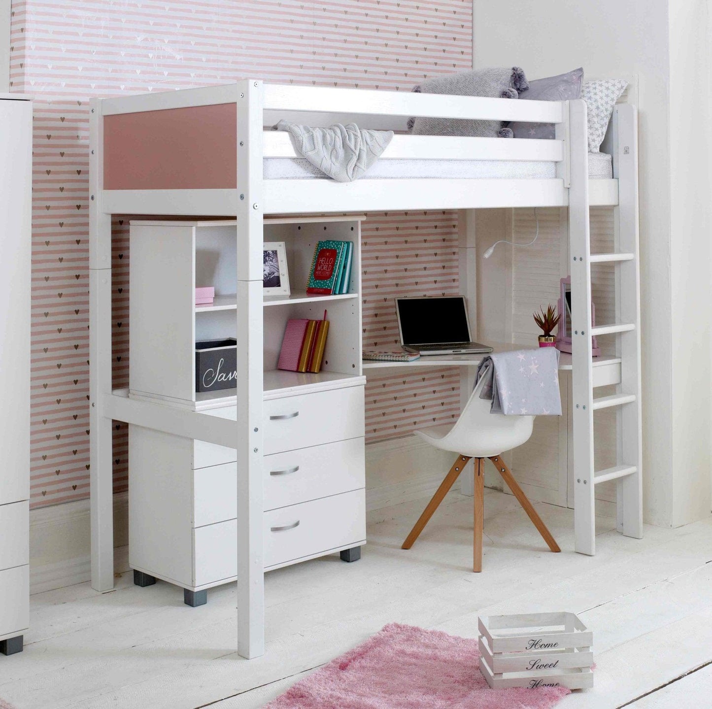 The Nordic High Sleeper Bed with Corner Desk & Storage - Millie & Jones