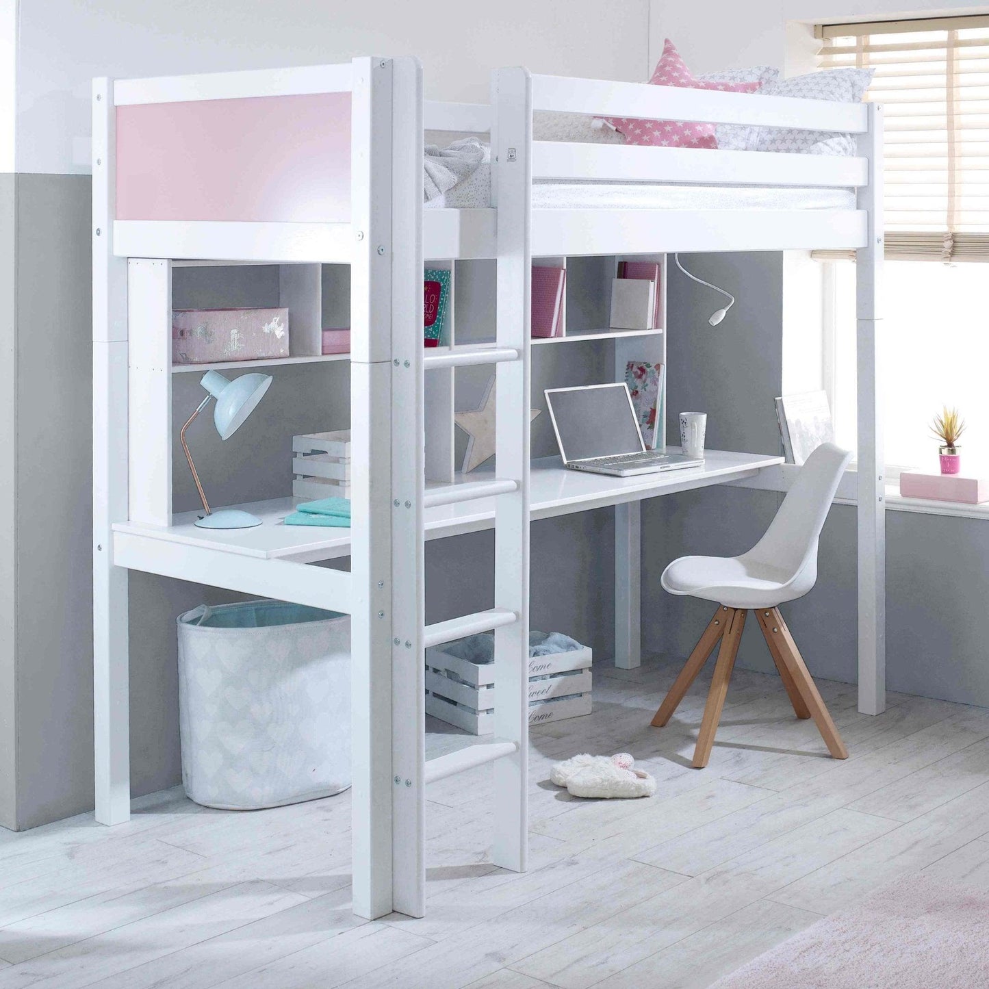 The Nordic High Sleeper Bed with Desk & Shelves - Millie & Jones
