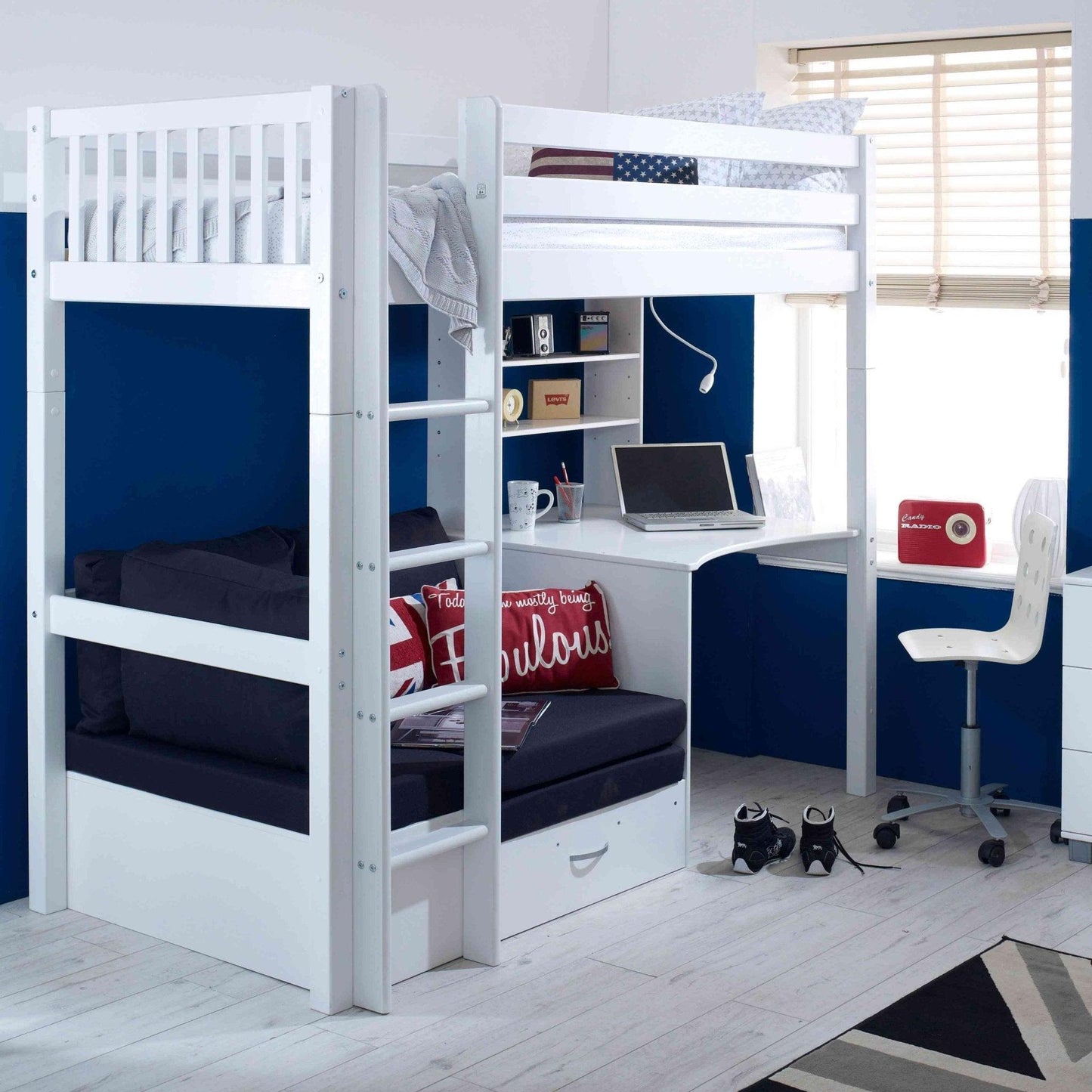 The Nordic High Sleeper Loft Bed with Desk, Shelves & Chair Bed - Millie & Jones
