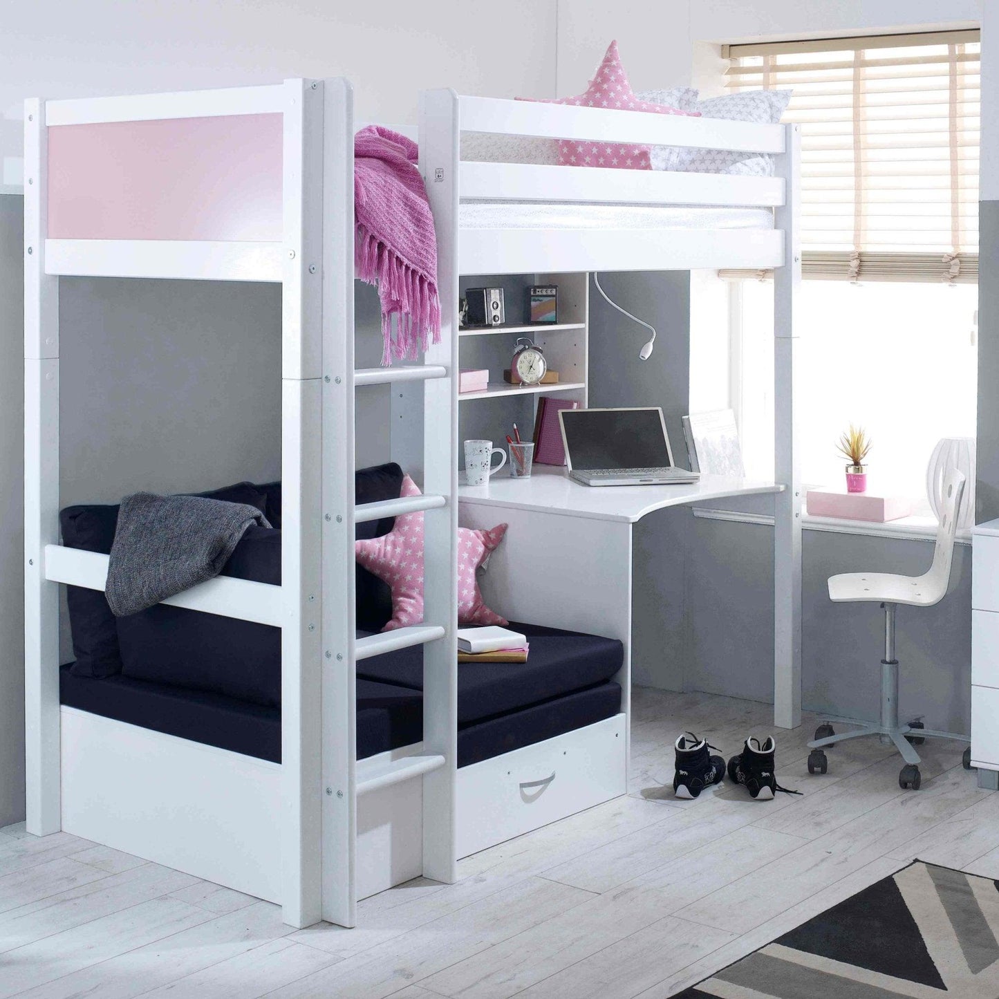 The Nordic High Sleeper Loft Bed with Desk, Shelves & Chair Bed - Millie & Jones