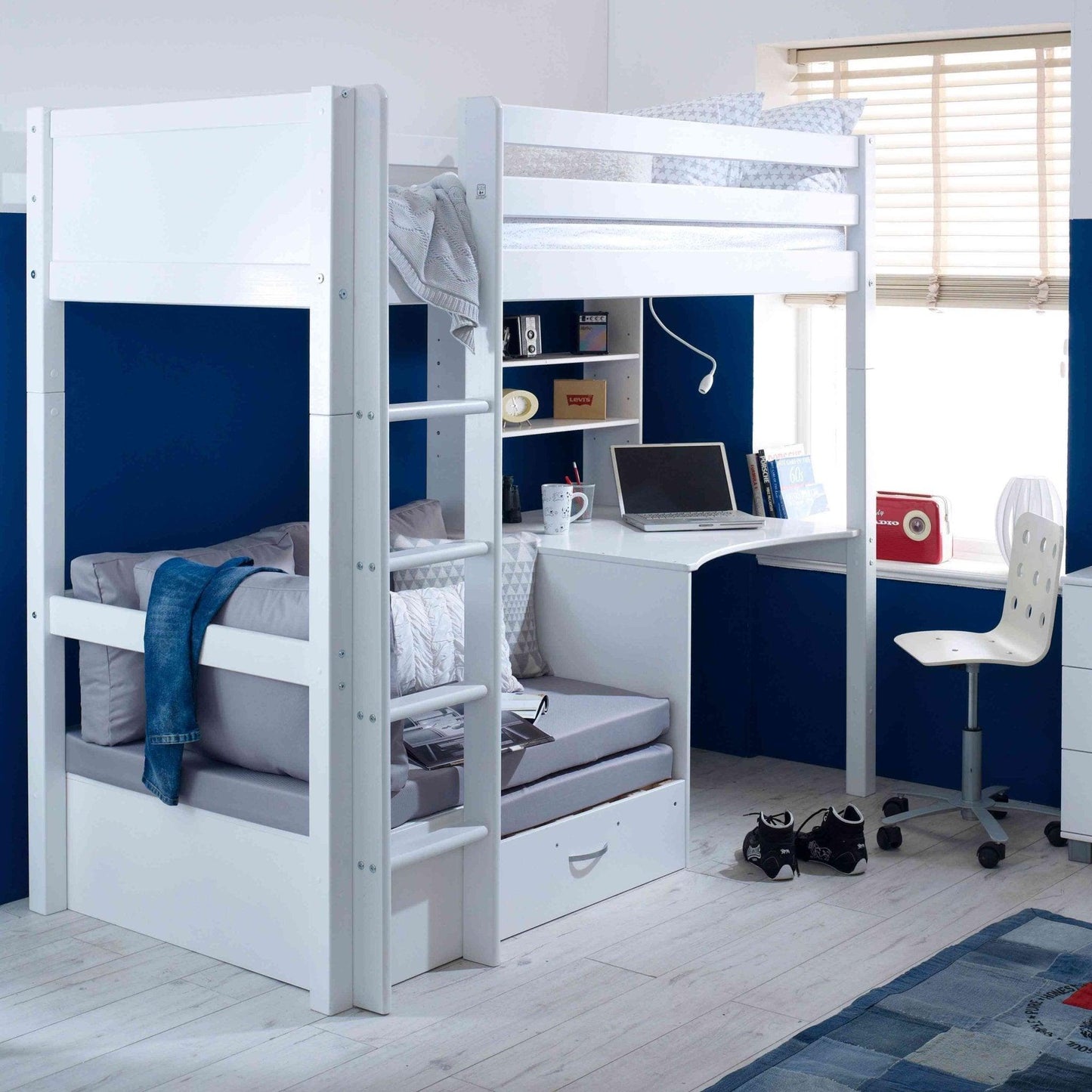 The Nordic High Sleeper Loft Bed with Desk, Shelves & Chair Bed - Millie & Jones
