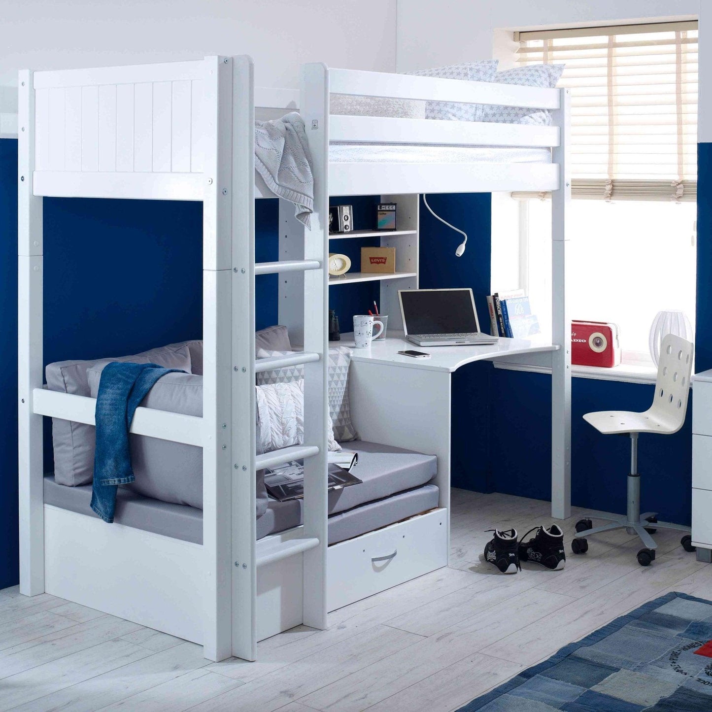 The Nordic High Sleeper Loft Bed with Desk, Shelves & Chair Bed - Millie & Jones