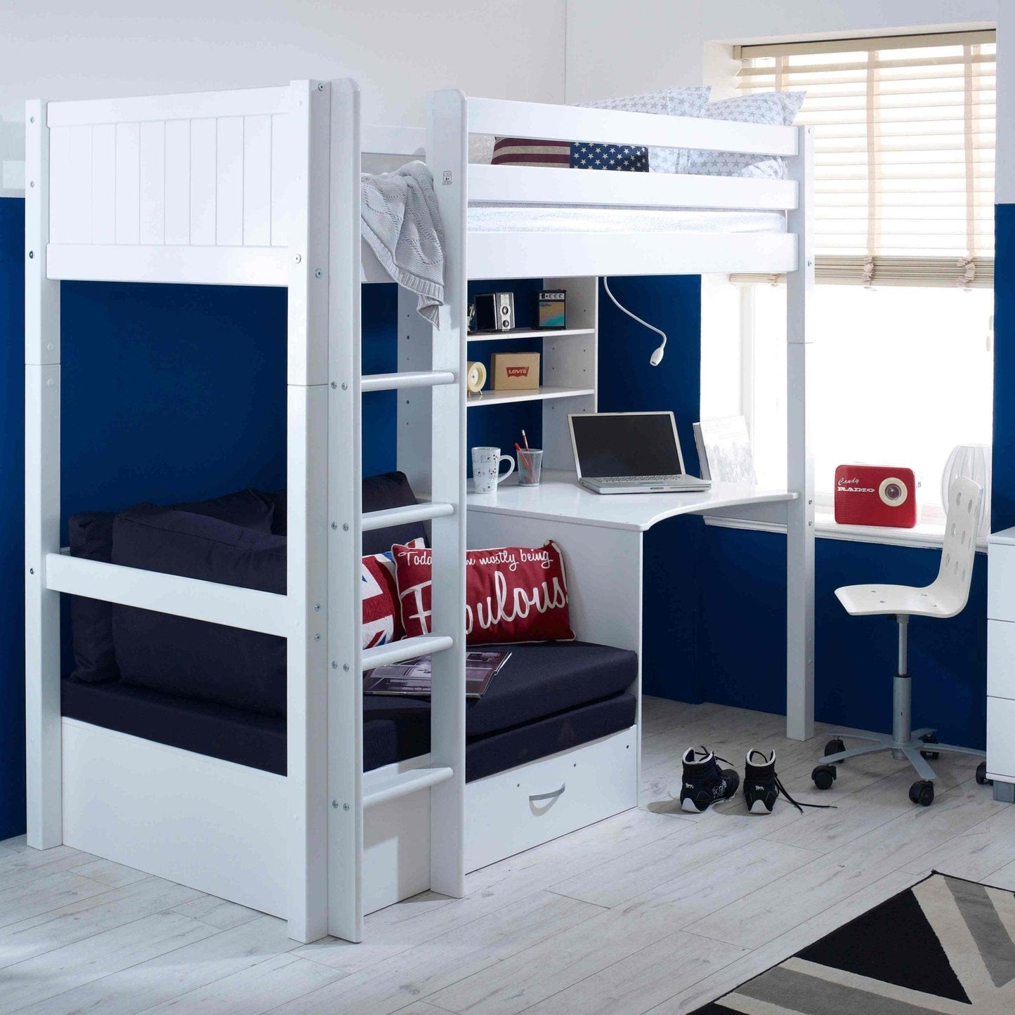 The Nordic High Sleeper Loft Bed with Desk, Shelves & Chair Bed - Millie & Jones