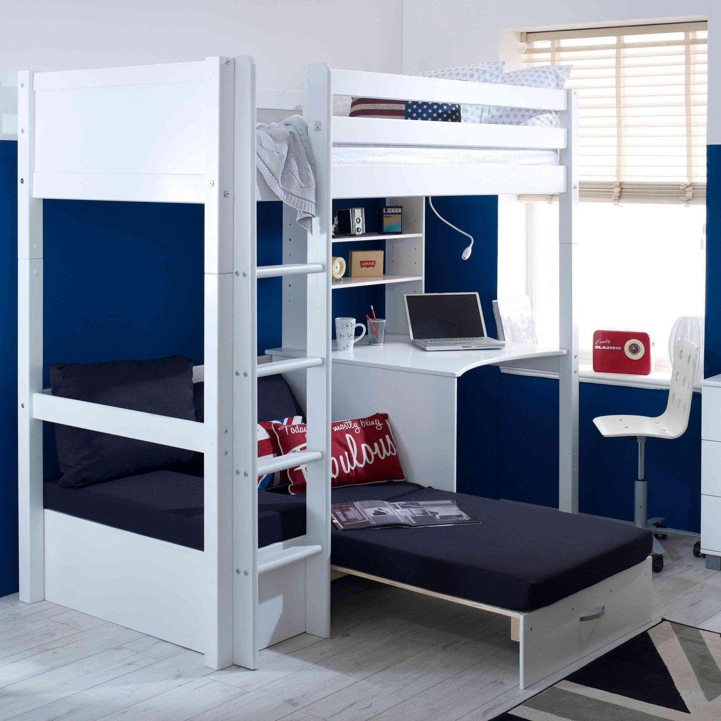 The Nordic High Sleeper Loft Bed with Desk, Shelves & Chair Bed - Millie & Jones