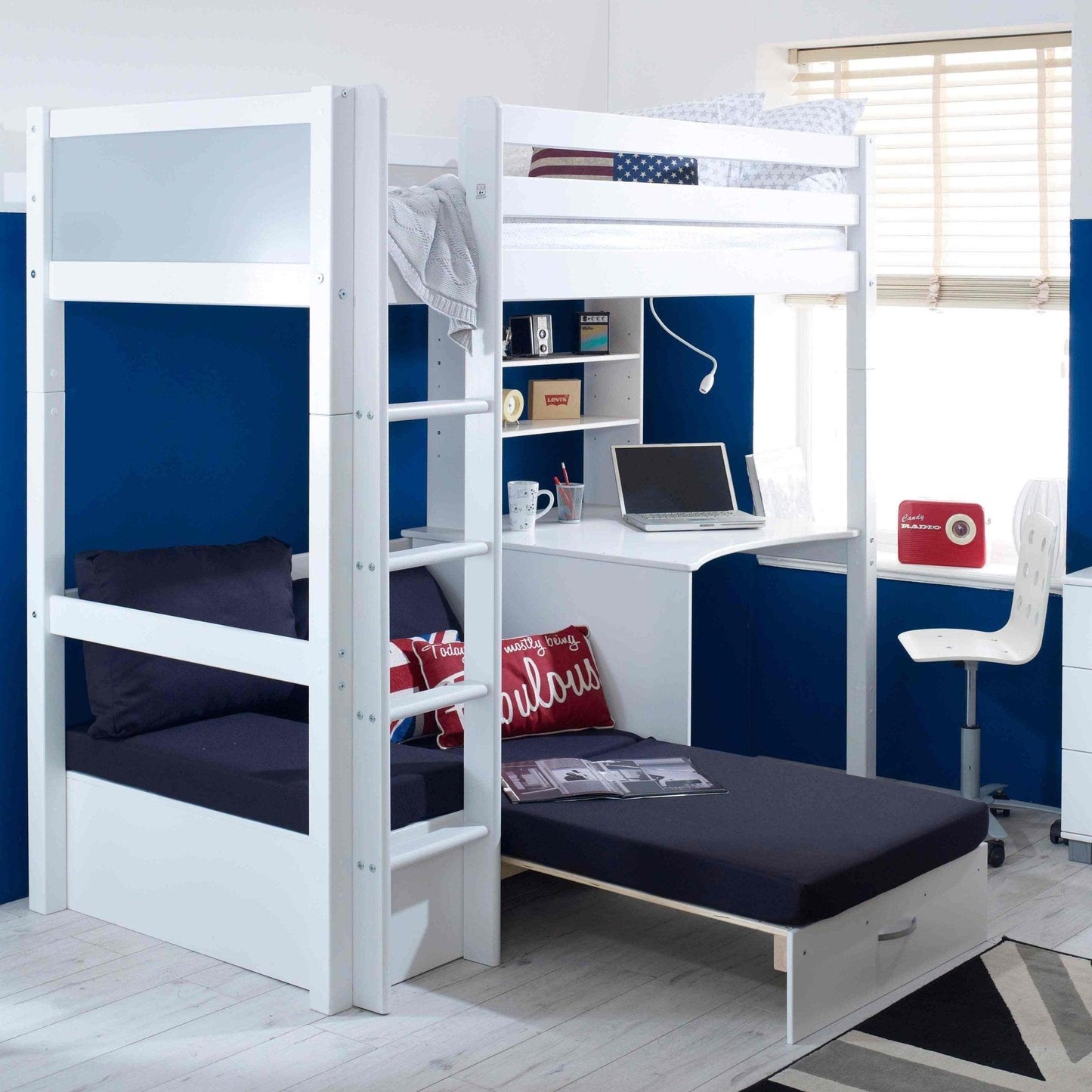 The Nordic High Sleeper Loft Bed with Desk, Shelves & Chair Bed - Millie & Jones