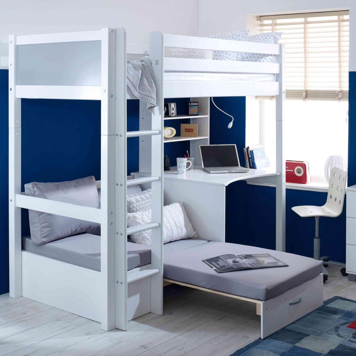 The Nordic High Sleeper Loft Bed with Desk, Shelves & Chair Bed - Millie & Jones
