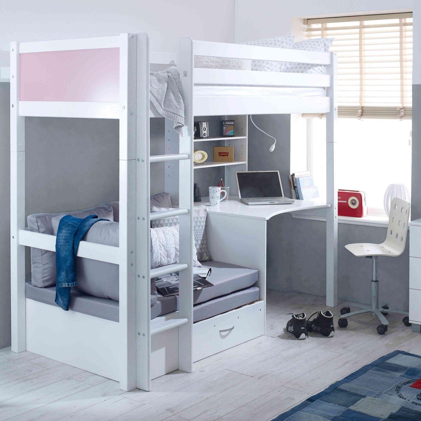The Nordic High Sleeper Loft Bed with Desk, Shelves & Chair Bed - Millie & Jones