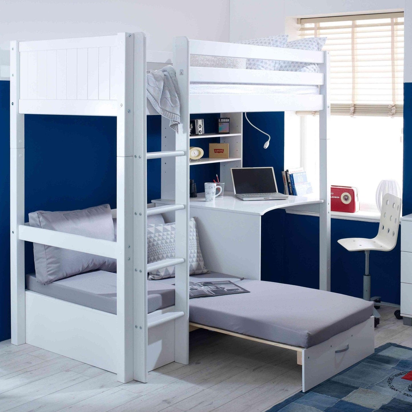 The Nordic High Sleeper Loft Bed with Desk, Shelves & Chair Bed - Millie & Jones