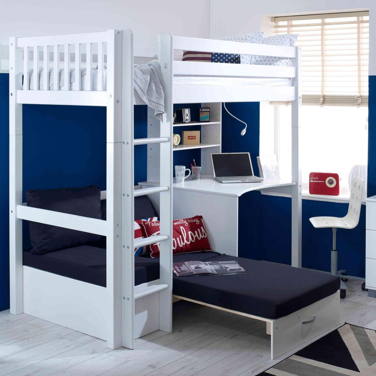 The Nordic High Sleeper Loft Bed with Desk, Shelves & Chair Bed - Millie & Jones