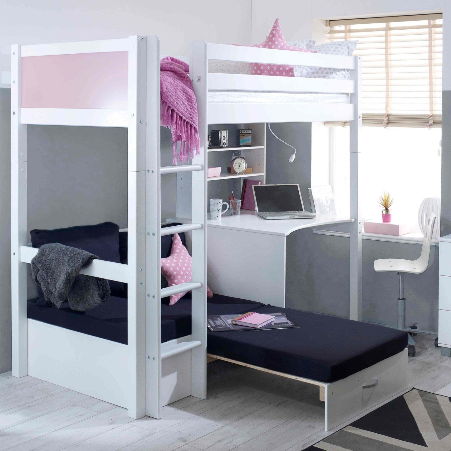 The Nordic High Sleeper Loft Bed with Desk, Shelves & Chair Bed - Millie & Jones