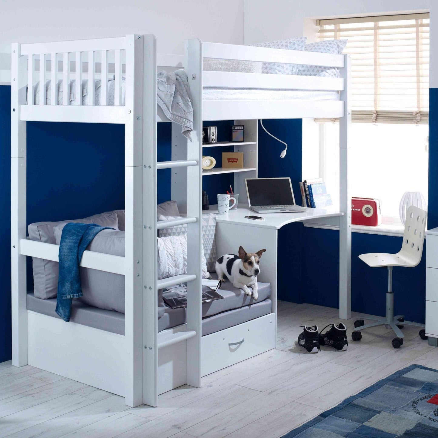 The Nordic High Sleeper Loft Bed with Desk, Shelves & Chair Bed - Millie & Jones