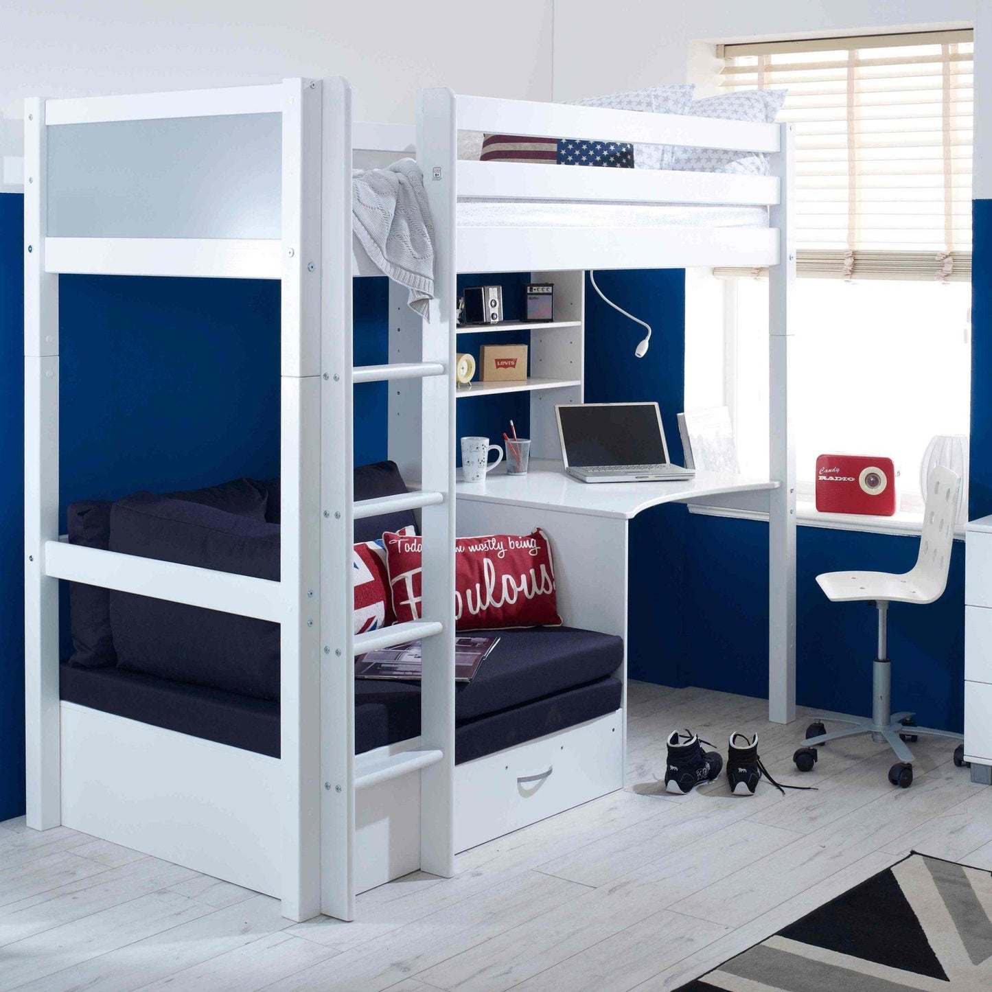 The Nordic High Sleeper Loft Bed with Desk, Shelves & Chair Bed - Millie & Jones