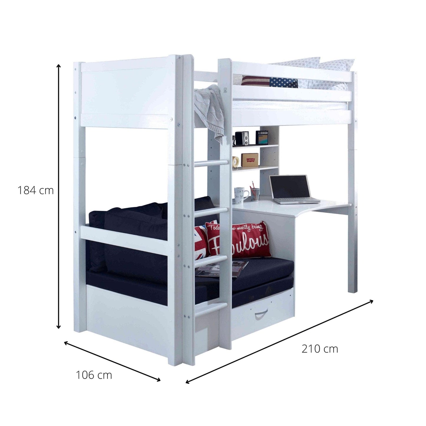 The Nordic High Sleeper Loft Bed with Desk, Shelves & Chair Bed - Millie & Jones