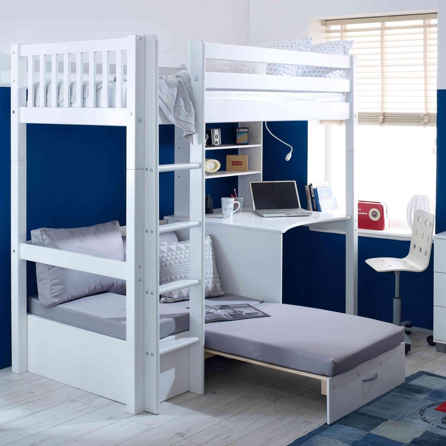 The Nordic High Sleeper Loft Bed with Desk, Shelves & Chair Bed - Millie & Jones