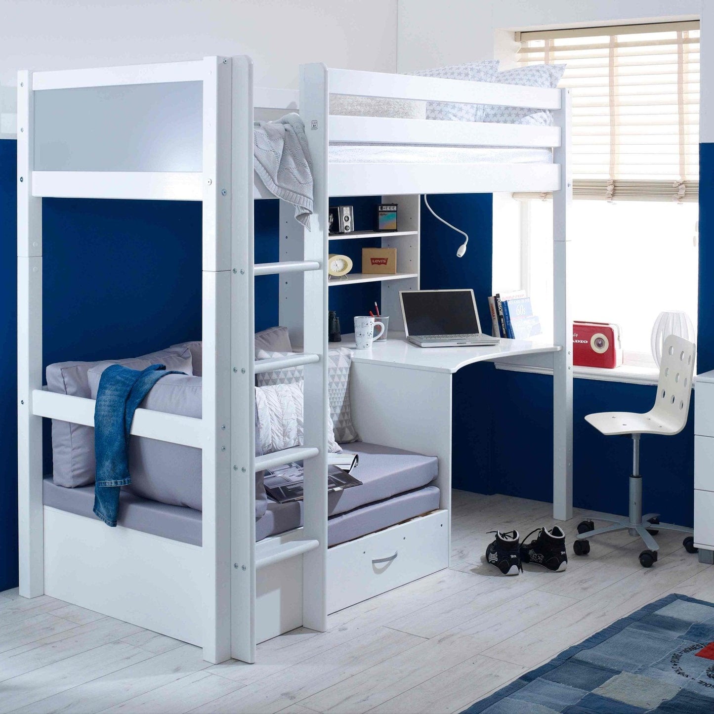 The Nordic High Sleeper Loft Bed with Desk, Shelves & Chair Bed - Millie & Jones
