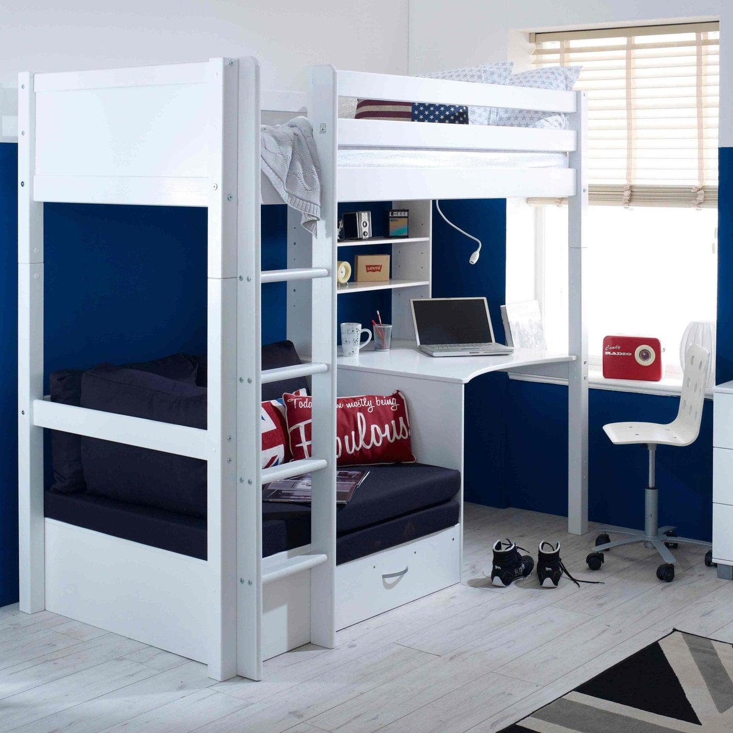 The Nordic High Sleeper Loft Bed with Desk, Shelves & Chair Bed - Millie & Jones