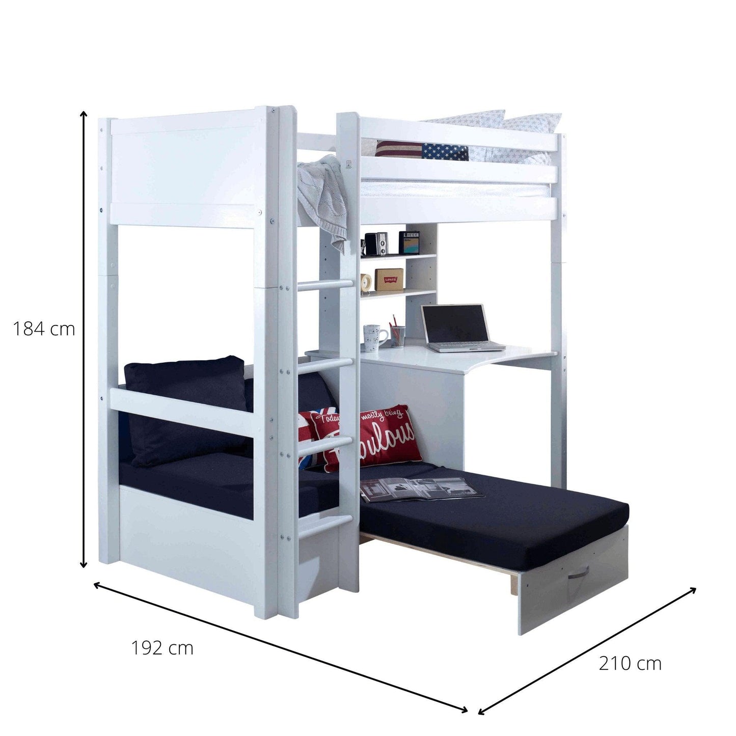 The Nordic High Sleeper Loft Bed with Desk, Shelves & Chair Bed - Millie & Jones