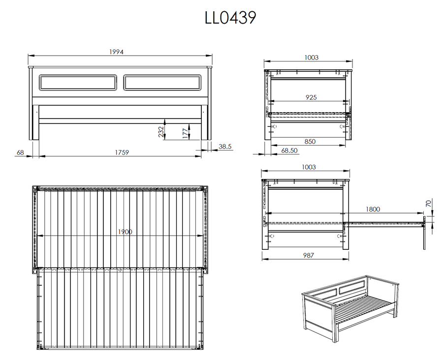 Ashwell Extending Daybed with Underbed Drawer dimensions