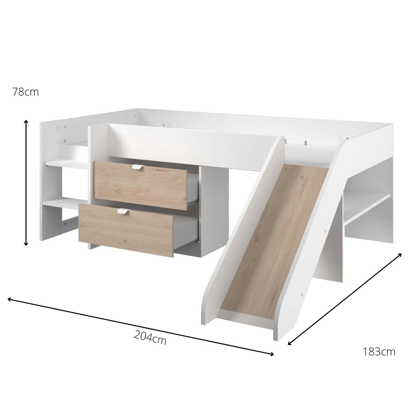 Tobo Mid Sleeper Bed with Slide & Drawers - Millie & Jones