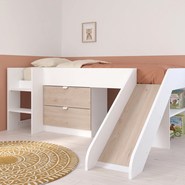 Tobo low mid sleeper in white and light oak with a built-in slide, two drawers and end shelves