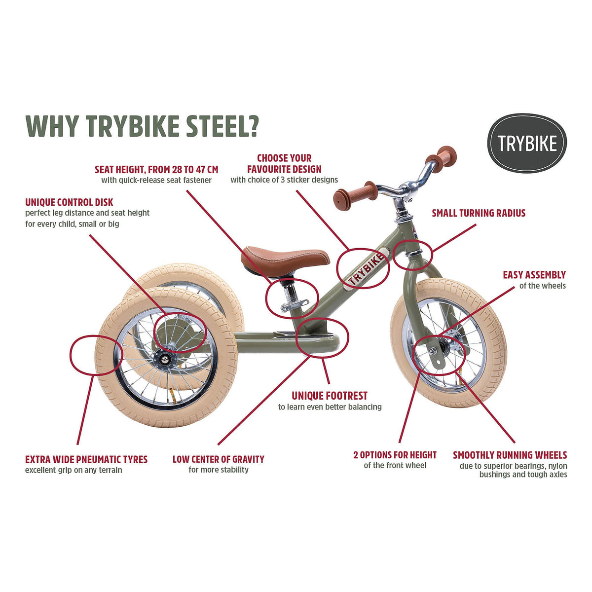Trybike steel features, including a seat height from 28 to 47cm and wide air-filled tyres