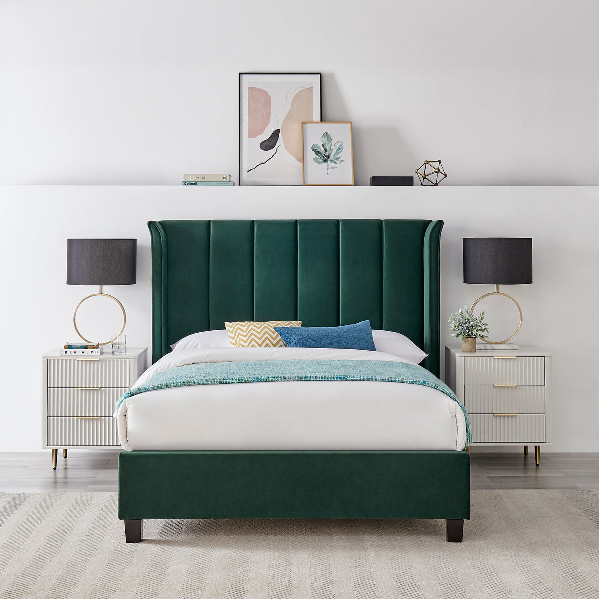 Valehaven Winged Velvet Bed Frame in Emerald Green – product view 1