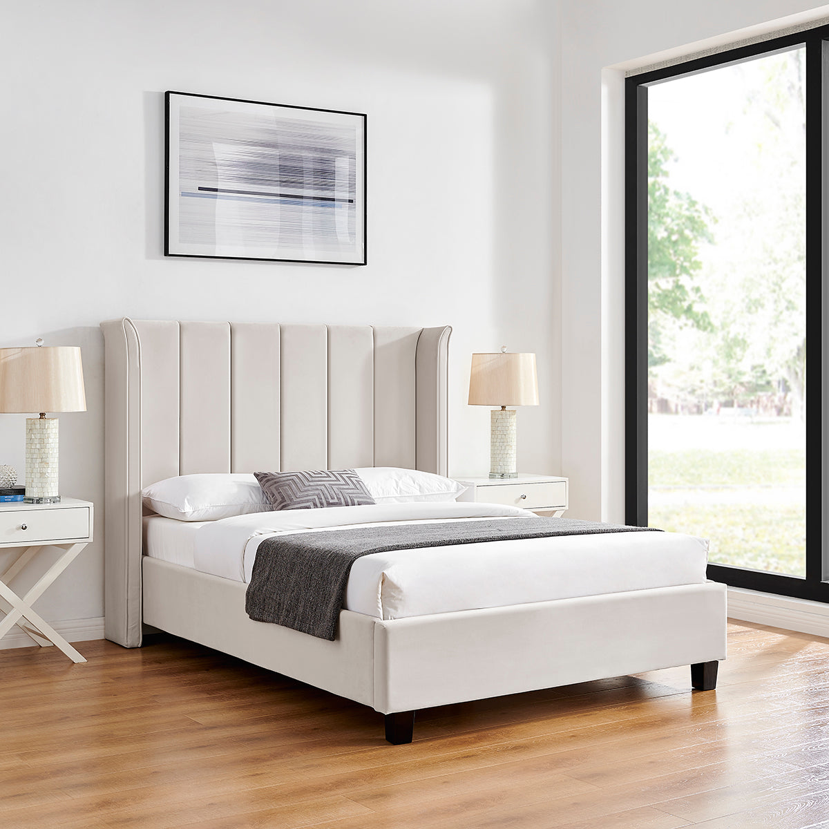 Valehaven Winged Velvet Bed Frame in Natural – product view 9
