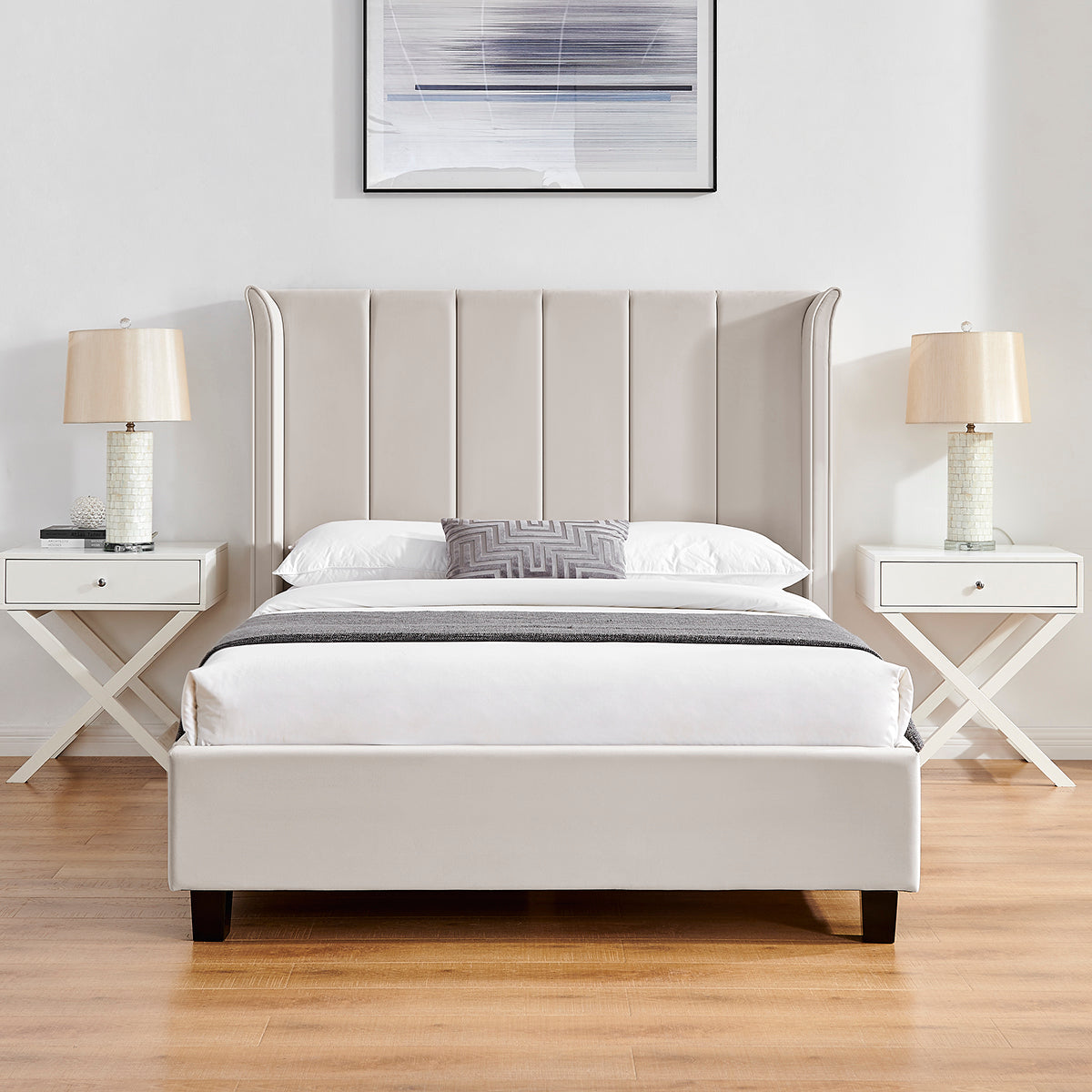 Valehaven Winged Velvet Bed Frame in Natural – product view 10