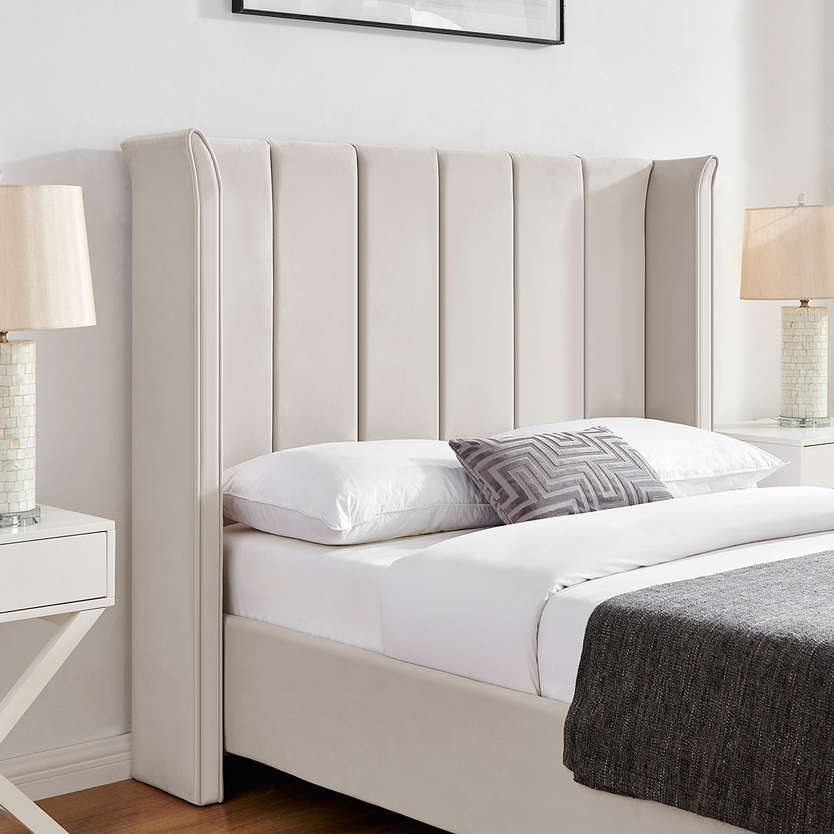 Valehaven Winged Velvet Bed Frame in Natural – product view 11