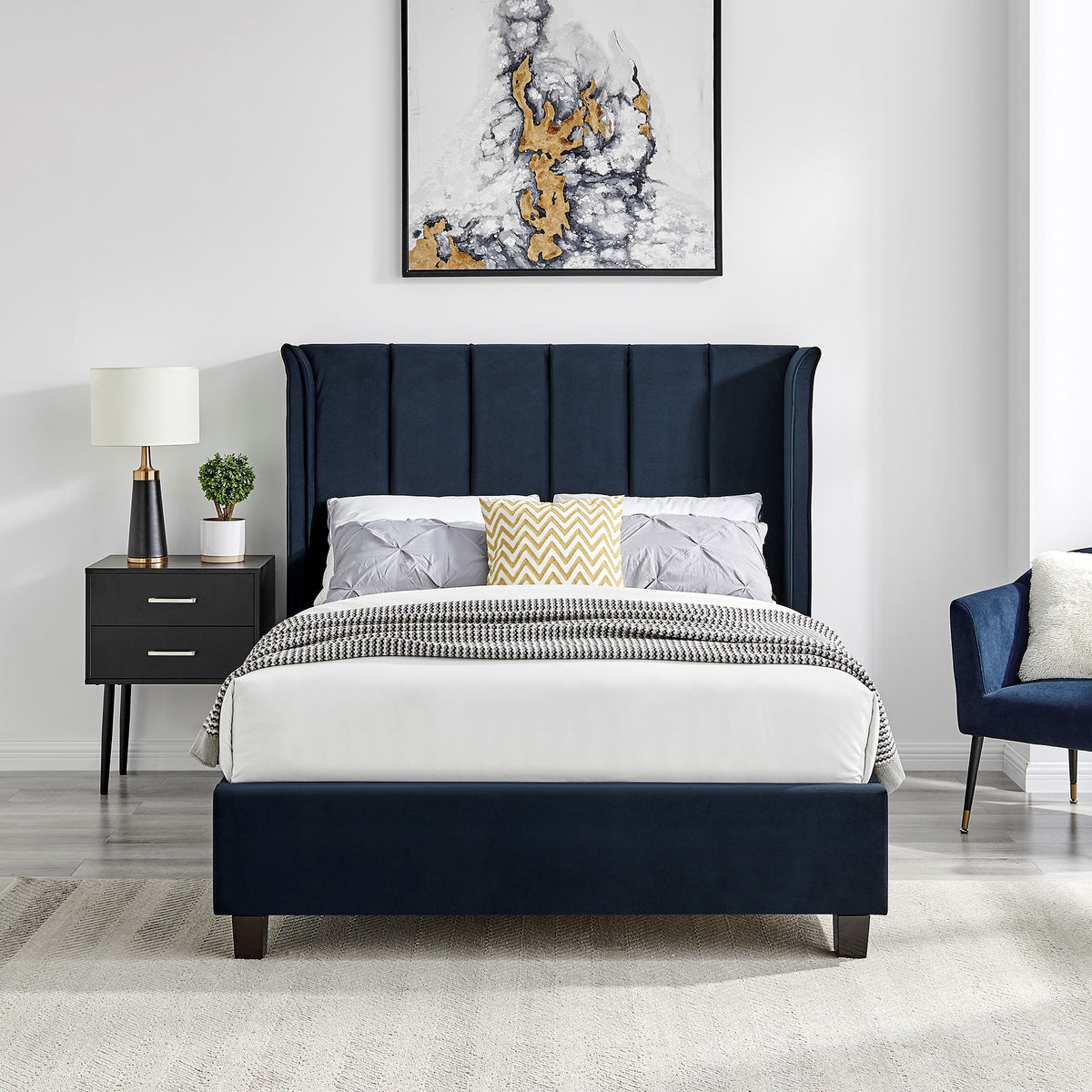 Valehaven Winged Velvet Bed Frame in Navy Blue – product view 16