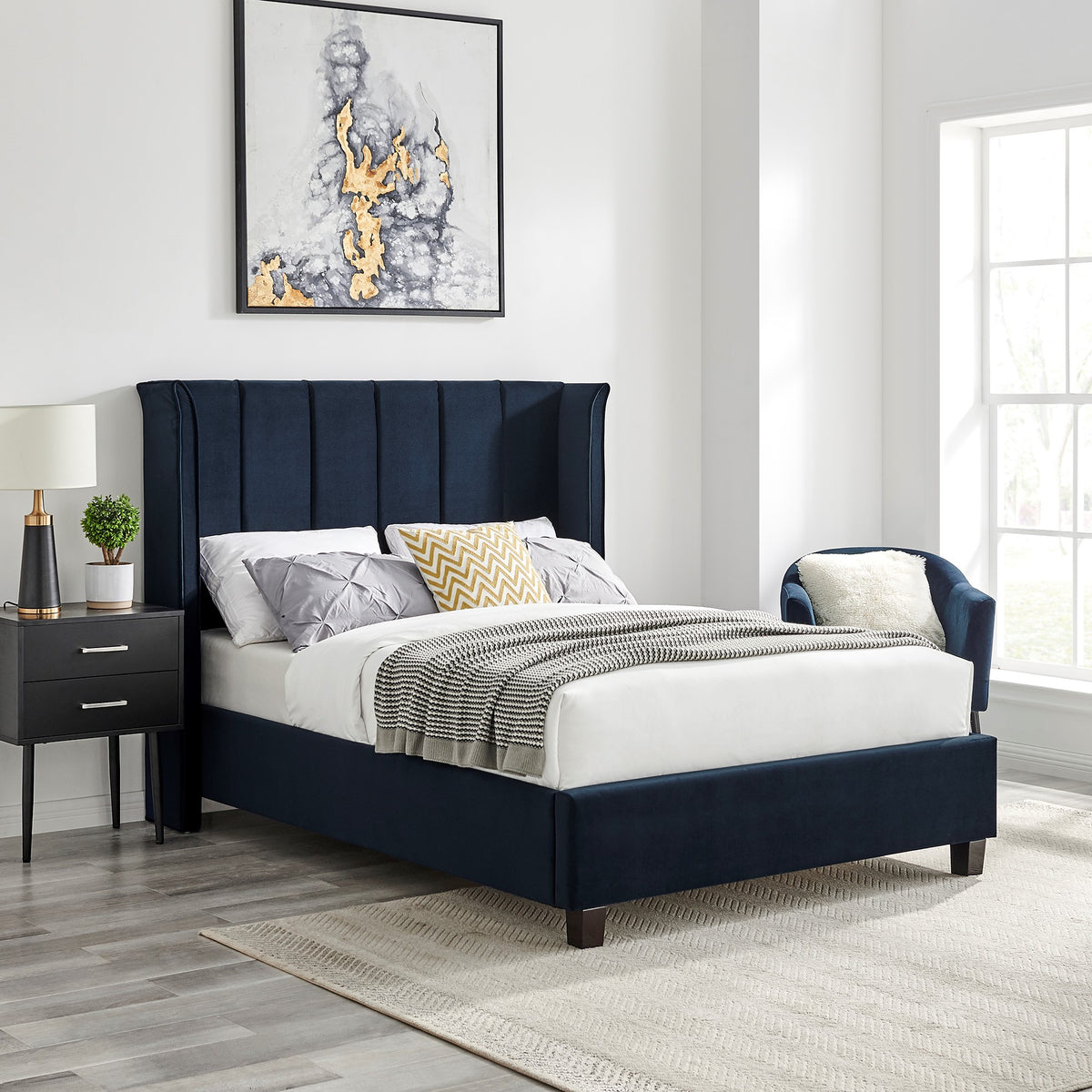 Valehaven Winged Velvet Bed Frame in Navy Blue – product view 17