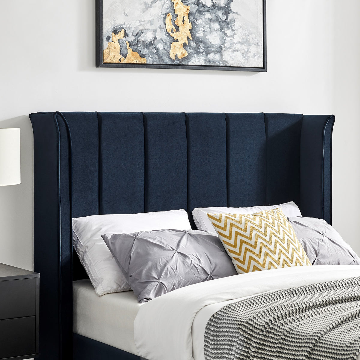 Valehaven Winged Velvet Bed Frame in Navy Blue – product view 18