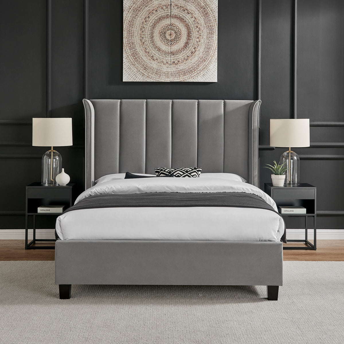 Valehaven Winged Velvet Bed Frame in Silver – product view 24