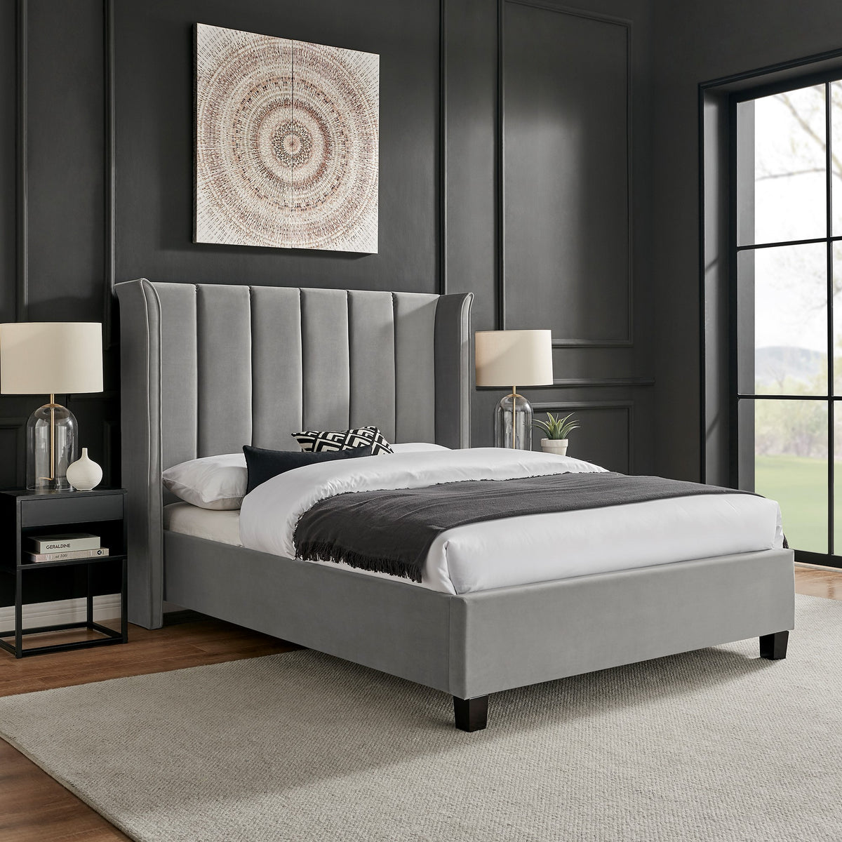 Valehaven Winged Velvet Bed Frame in Silver – product view 25