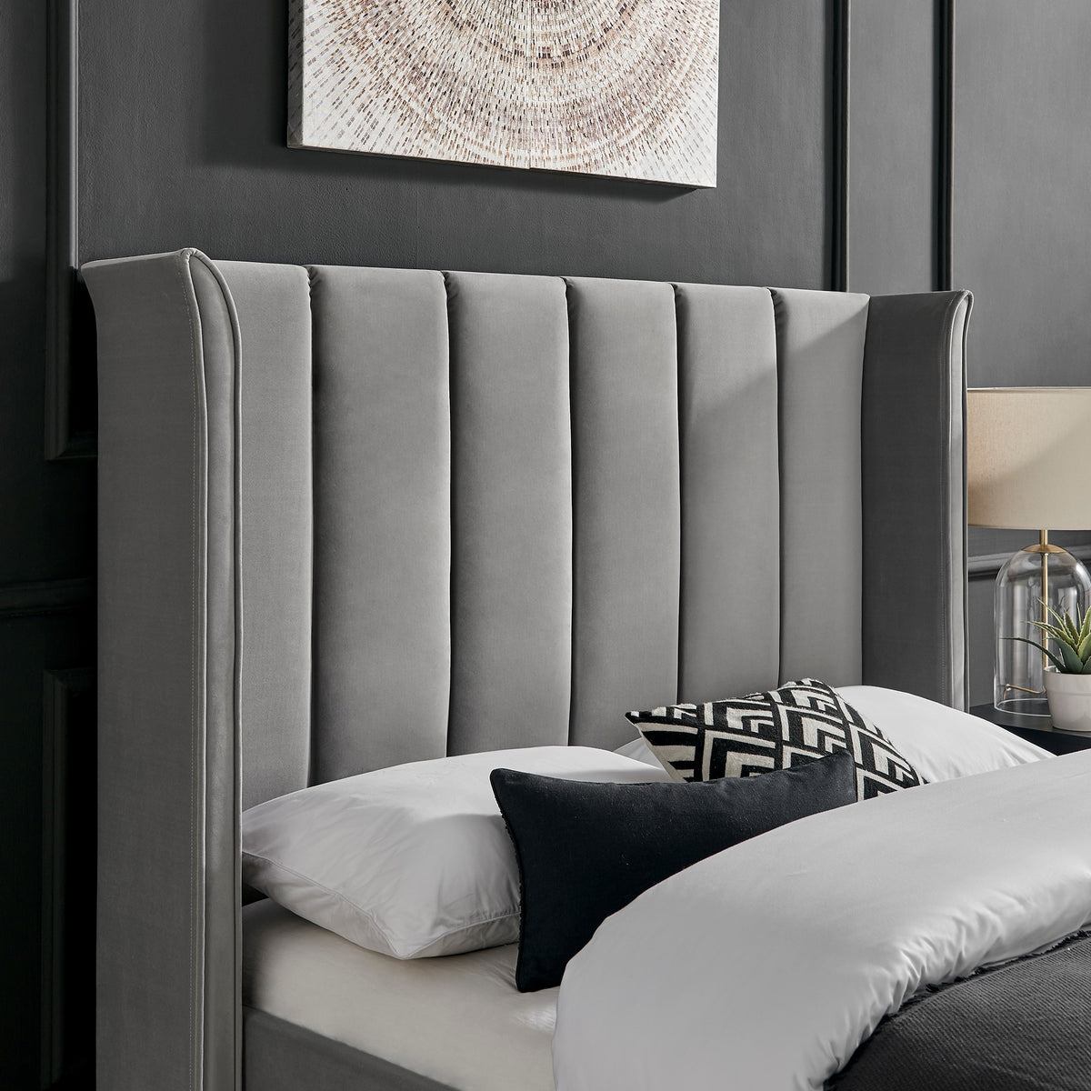 Valehaven Winged Velvet Bed Frame in Silver – product view 26