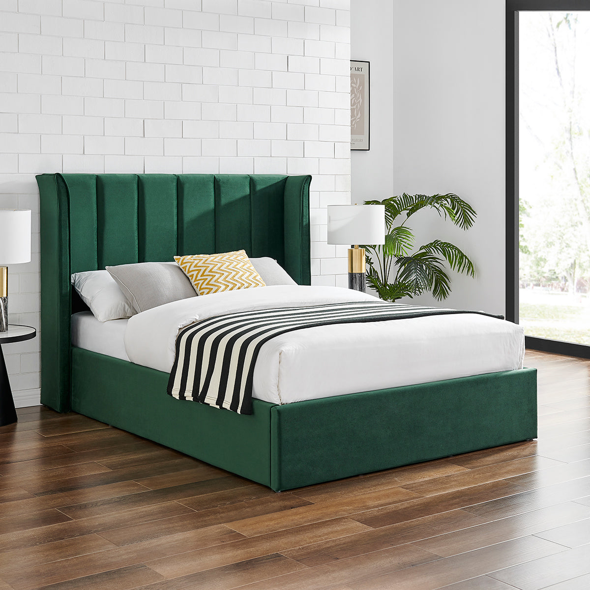 Valehaven Winged Velvet Ottoman Bed in Emerald Green – product view 2