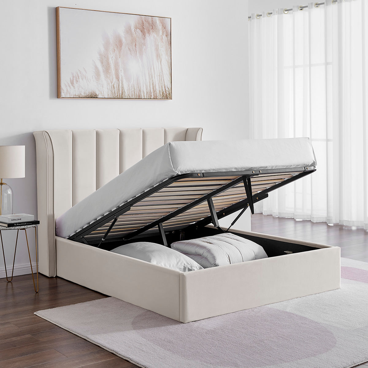 Valehaven Winged Velvet Ottoman Bed in Natural – product view 10
