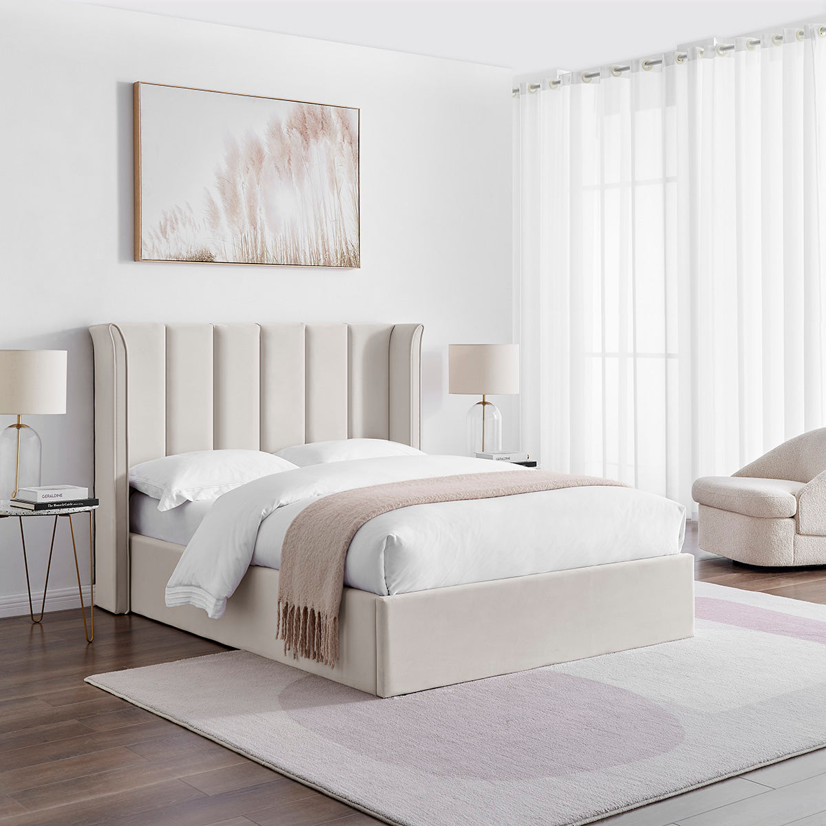 Valehaven Winged Velvet Ottoman Bed in Natural – product view 11