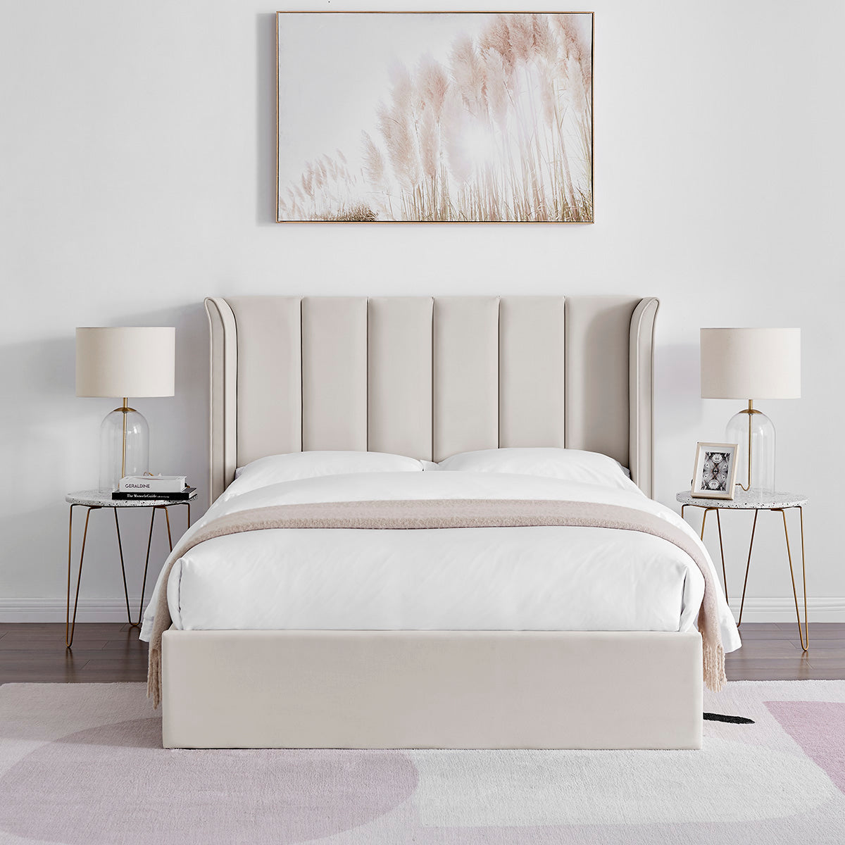 Valehaven Winged Velvet Ottoman Bed in Natural – product view 12