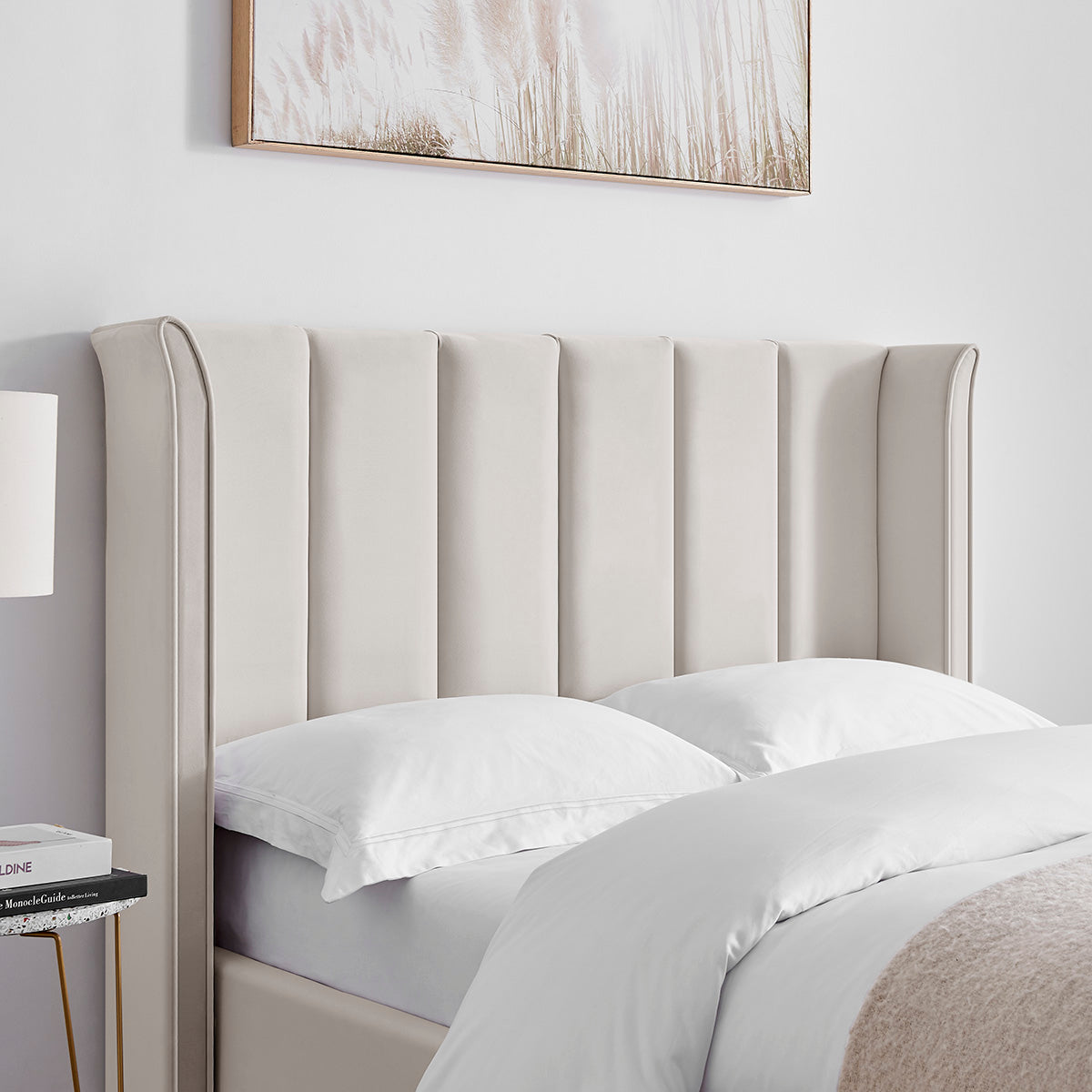 Valehaven Winged Velvet Ottoman Bed in Natural – product view 13