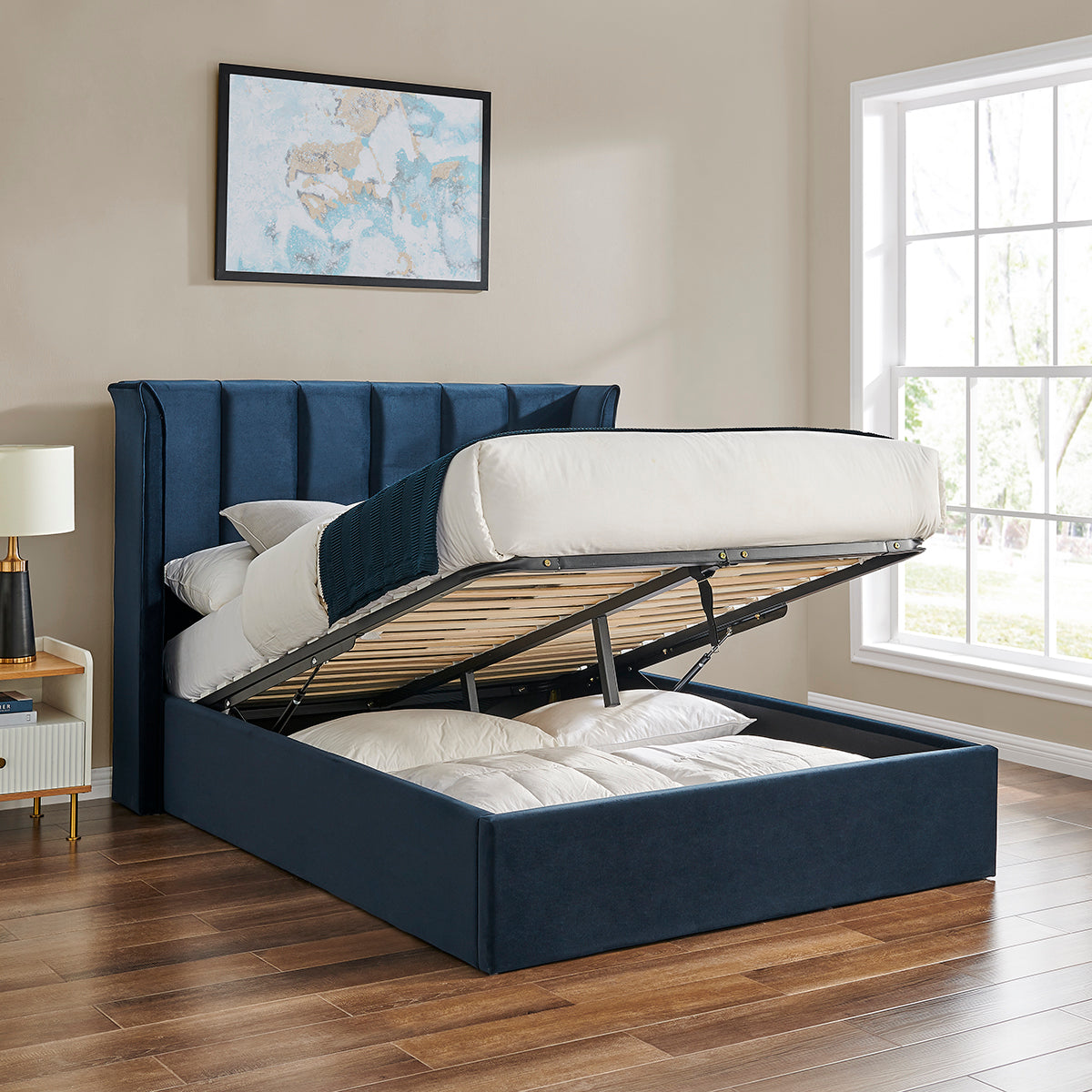 Valehaven Winged Velvet Ottoman Bed in Navy Blue – product view 19