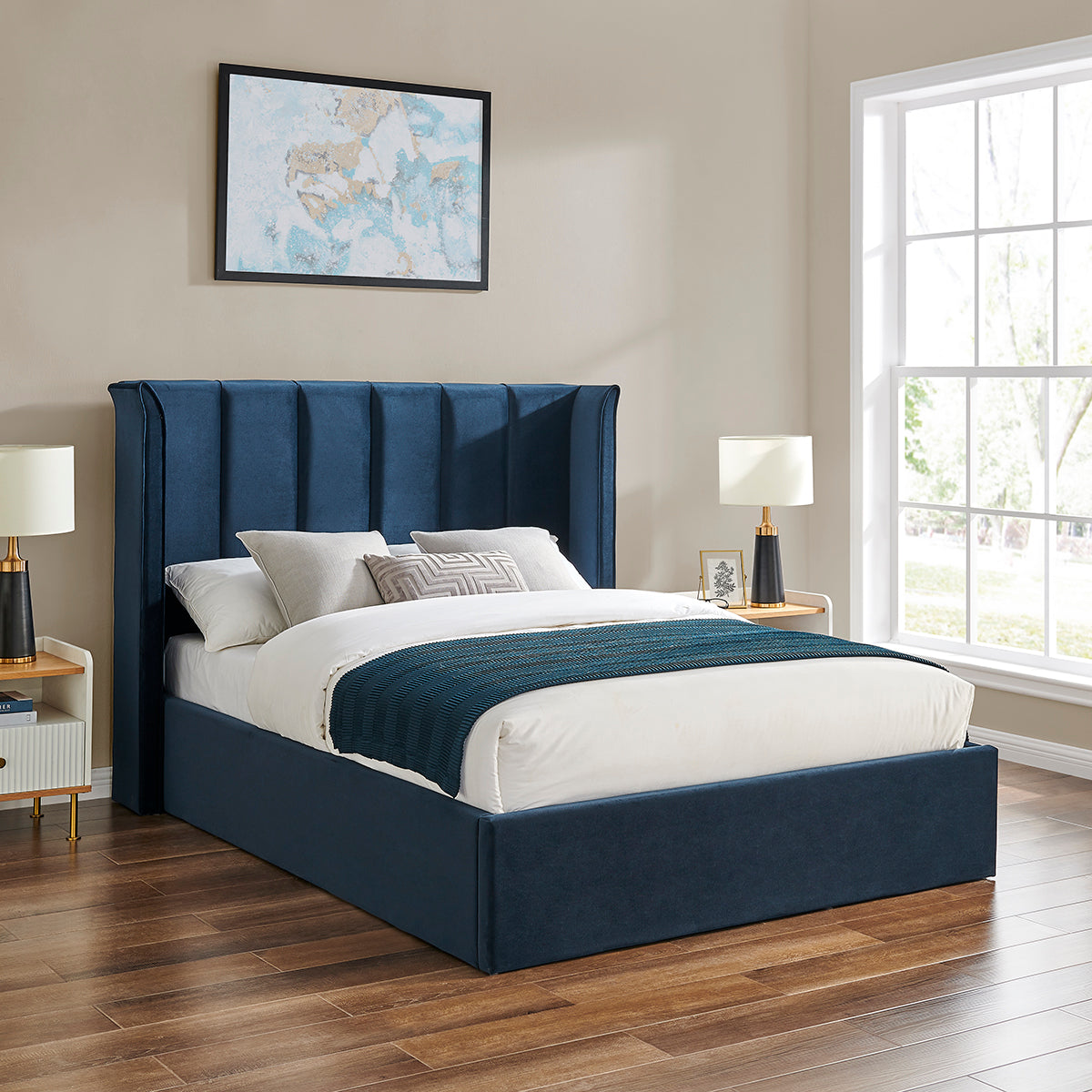 Valehaven Winged Velvet Ottoman Bed in Navy Blue – product view 20