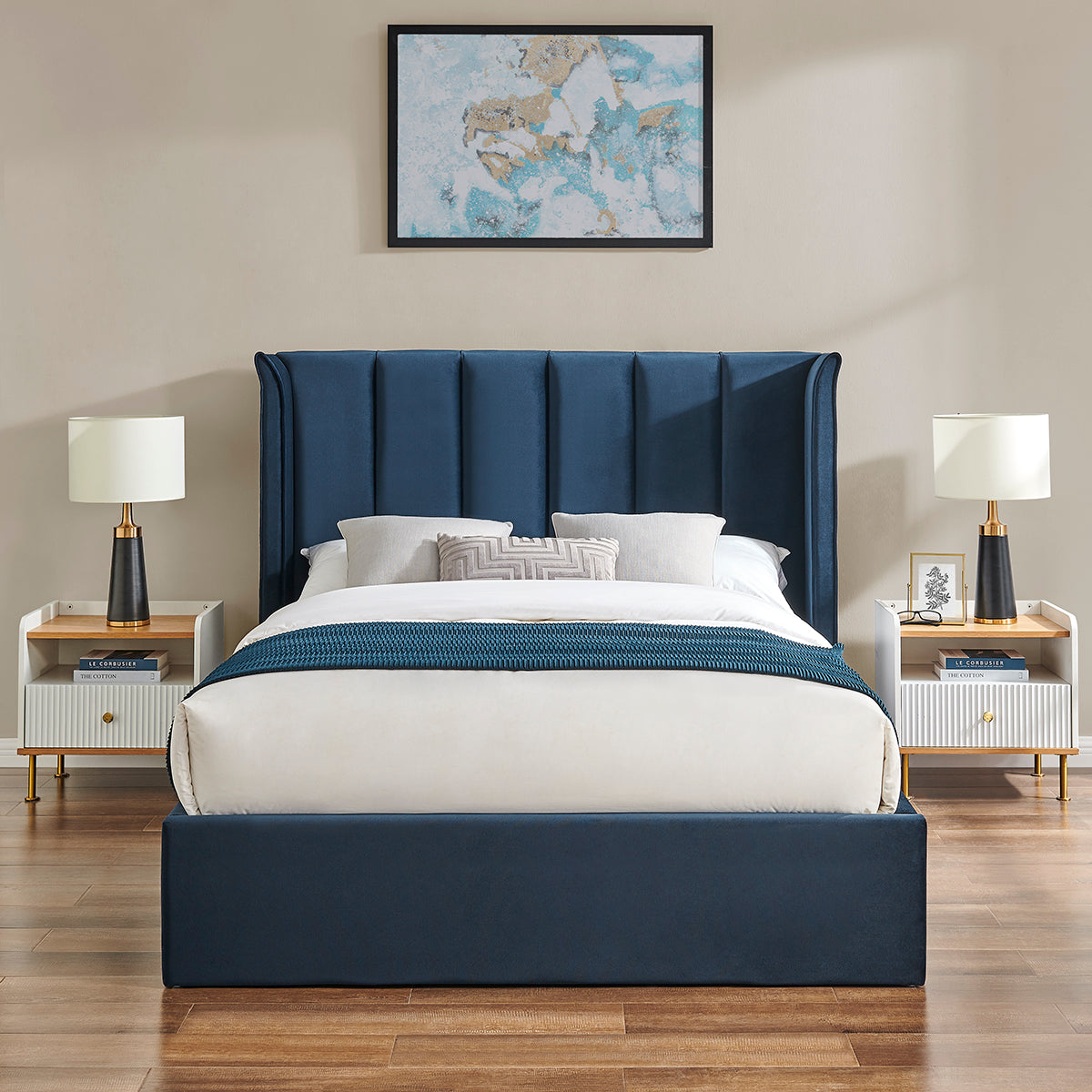 Valehaven Winged Velvet Ottoman Bed in Navy Blue – product view 21