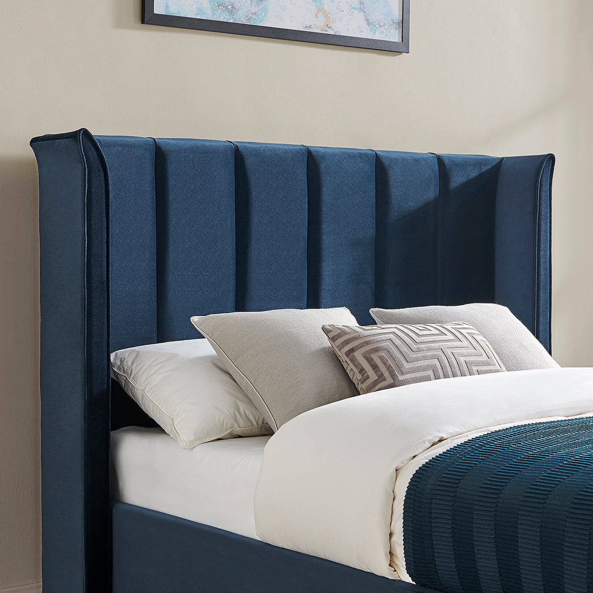 Valehaven Winged Velvet Ottoman Bed in Navy Blue – product view 22