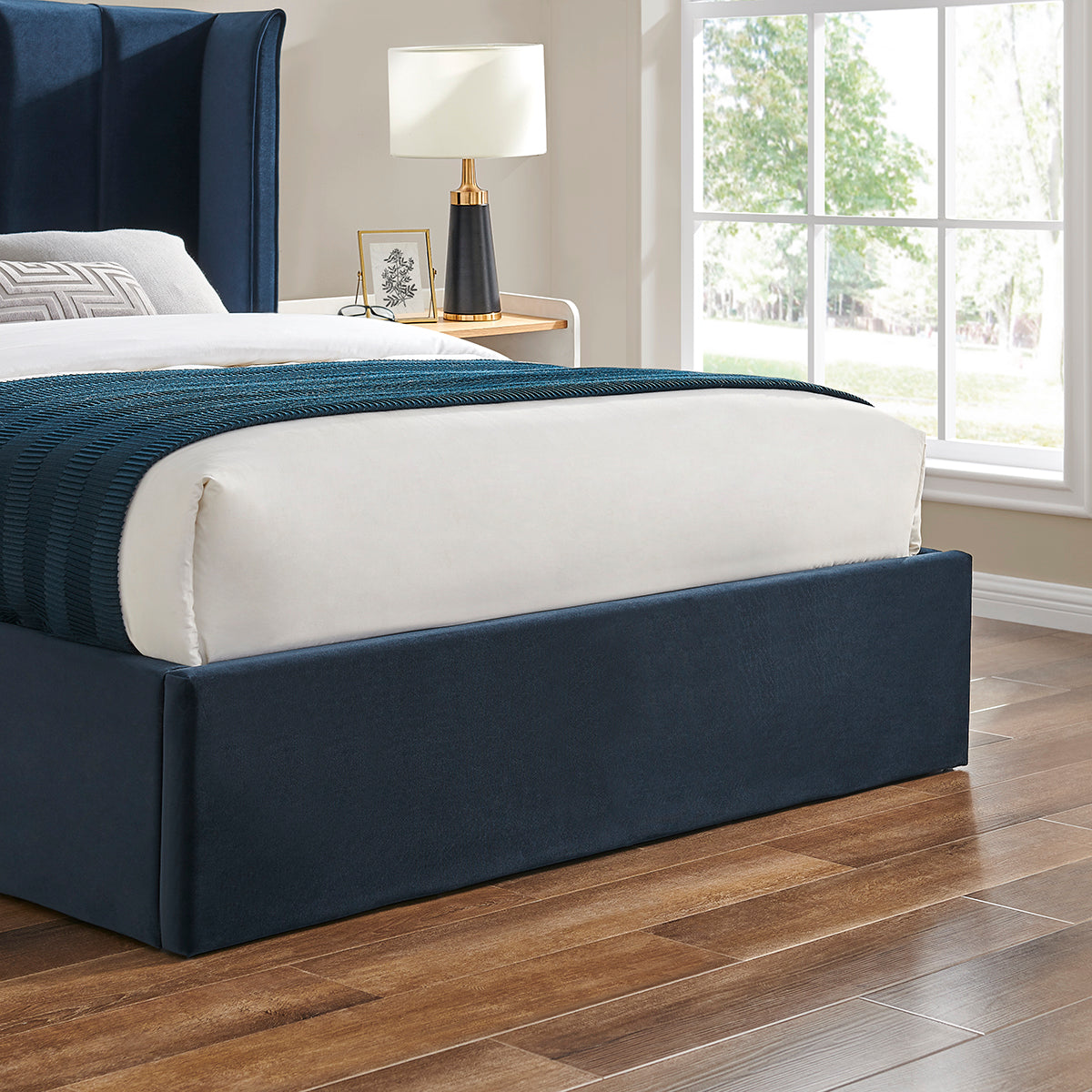 Valehaven Winged Velvet Ottoman Bed in Navy Blue – product view 23