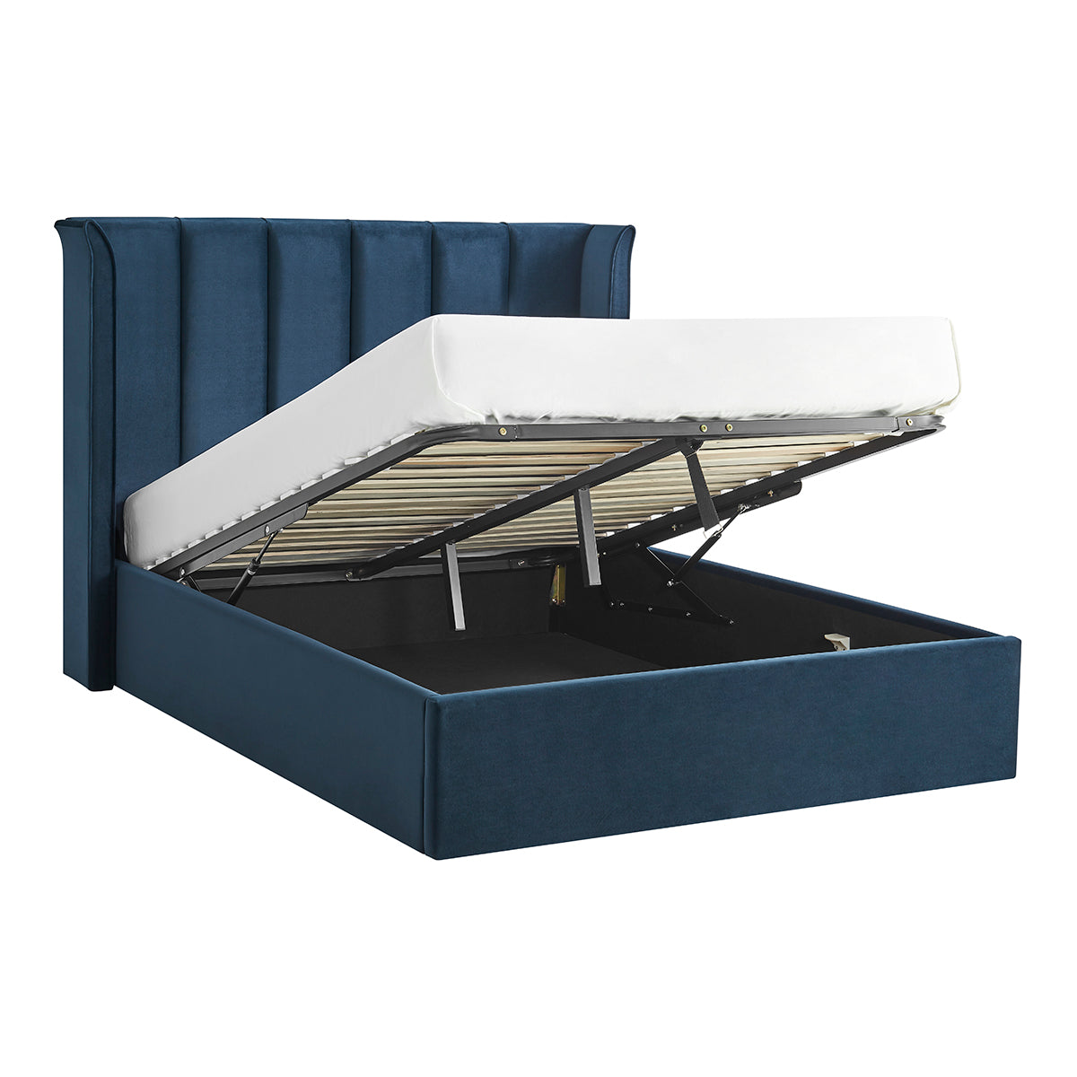 Valehaven Winged Velvet Ottoman Bed in Navy Blue – product view 24