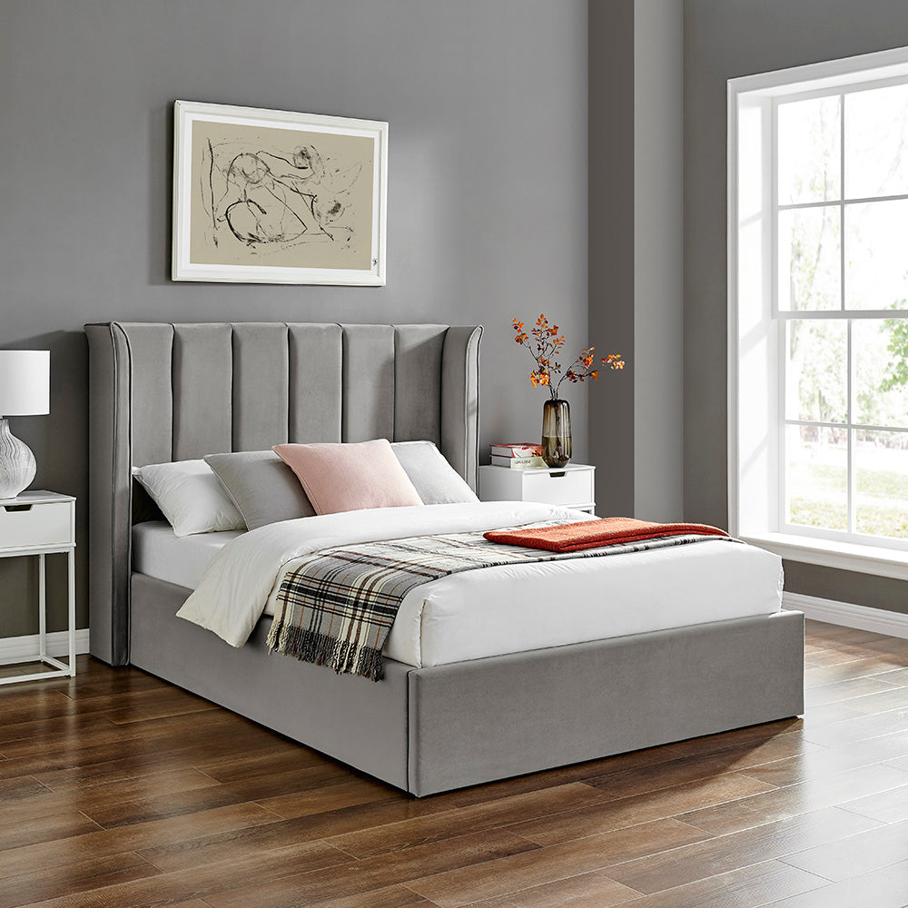 Valehaven Winged Velvet Ottoman Bed in Silver – product view 29