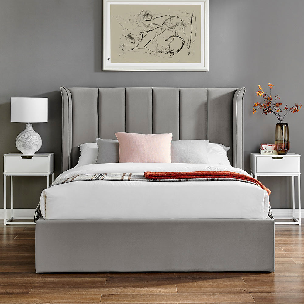 Valehaven Winged Velvet Ottoman Bed in Silver – product view 30