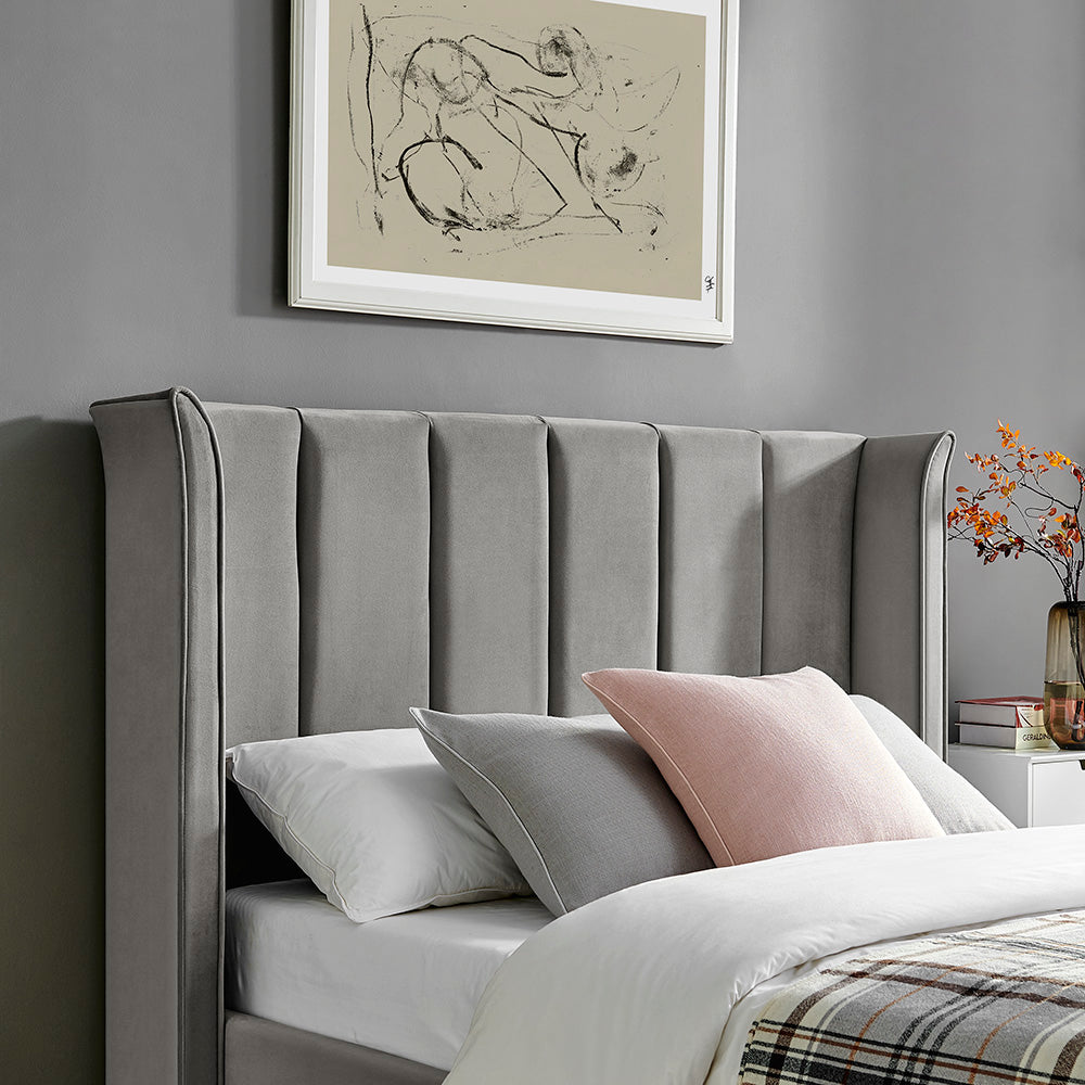 Valehaven Winged Velvet Ottoman Bed in Silver – product view 31